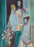 La famille heureuse by Rudolf Kundera, Technique mixte, aquarelle, pastel et fusain sur papier collé sur isorel, portant le cache, sold Nov 2024