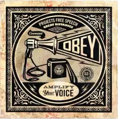 Megaphone, 2011- HPM by Shepard Fairey, Technique mixte et collage sur papier, sold Feb 2017