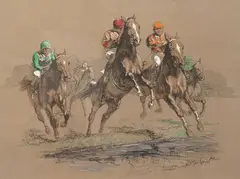 Course hippique by Eugène Péchaubès, Lithographie polychrome sur papier brun, sold Apr 2024