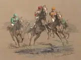 Course hippique by Eugène Péchaubès, Lithographie polychrome sur papier brun, sold Apr 2024