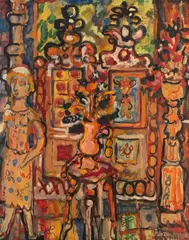 Intérieur aux sellettes et guéridon fleuris, animé d'une femme debout by René Portocarrero, 1944, Technique mixte sur traits de crayon, sur papier marouflé sur toile, sold Apr 2024