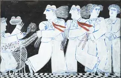 Au café by Alexandre Fassianos, Gouache sur papier contrecollé sur toile, sold Apr 2024