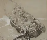 Deux dessins : - Manoeuvre pour hisser la voile dans un bateau de pêche, avec barque en remorque by Georges Jean-Marie Haquette, Fusain et rehauts de gouache blanche sur papier teinté, sold Mar 2024