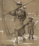 Deux dessins : - Plage animée d'une femme tenant un bébé et un pousseux à crevettes et d'un enfant portant un bateau, accroché à sa robe by Georges Jean-Marie Haquette, Fusain et rehauts de gouache blanche sur papier brun, sold Mar 2024