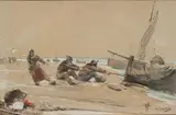 Deux dessins : - Le hallage d'un bateau de pêche sur la plage by Georges Jean-Marie Haquette, Fusain et aquarelle sur papier beige, sold Mar 2024