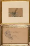 Deux petits dessins : - Barque de pêche à voile, sur la vague by Georges Jean-Marie Haquette, Encre et aquarelle sur papier, sold Mar 2024