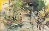 Paysage à la noria accompagné de deux enfants et d'un âne bâté by Jean Gaston Mantel, 1990, Mine de plomb, aquarelle et gouache sur papier, sold Feb 2024