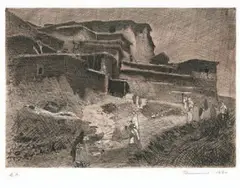 Le village de Tamarout by Jacques Majorelle, 1920, Eau-forte à l'encre bistre, épreuve d'artiste, sold Mar 2022