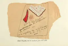 Georges HUGNET (1906-1974) Emporte le vent ou les mystères du Catalan by André Beaudin, Collage et aquarelle sur morceau déchiré de nappe du restaurant Le Catalan, contrecollé su, sold Mar 2022