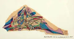 Georges HUGNET (1906-1974) Composition abstraite by André Beaudin, 1945, Gouache sur morceau déchiré de nappe du restaurant Le Catalan, contrecollé sur papier, sold Mar 2022