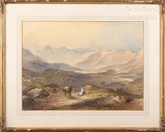 Paysage de montagne animé by Charles Frederick Buckley, 1857, Aquarelle et gouache sur papier signée en bas à droite et datée, sold May 2024