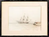 Remorqueur à vapeur devant un navire trois-mâts by Gustave Labat, 1903, Crayon et encre sur papier signé et daté en bas à droite, sold Apr 2024