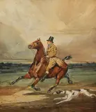 Cavalier et chien by Alfred de Dreux, 1832, Aquarelle gouachée, sold Apr 2023