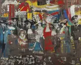 Assemblée en tenue de soirée et Portraits d'hommes barbus ou moustachus by Levan Tchogoschvili, Gouache sur papier et gouache et encre sur papier, sold Apr 2023