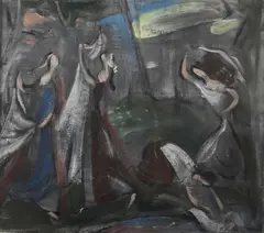 Les lavandières by Félix Varla, Huile ou gouache sur carton, sold Apr 2023