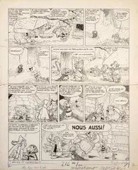 Astérix - 6ème album. Astérix et Cléopâtre. Planche originale n°3. Planche originale n°3 en deux parties et comprenant neuf vignettes by Albert Uderzo, Encre de Chine sur papier et rehauts de gouache blanche, sold Jun 2022