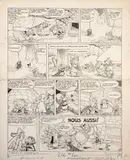 Astérix - 6ème album. Astérix et Cléopâtre. Planche originale n°3. Planche originale n°3 en deux parties et comprenant neuf vignettes by Albert Uderzo, Encre de Chine sur papier et rehauts de gouache blanche, sold Jun 2022