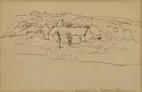 Manoir de Tonneville by Jean-François Millet, Plume et encre brune sur traits de crayon noir, sold Jun 2022