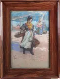 Femme aux paniers, sur le port by Louis Fortuney, Pastel, sold Nov 2025