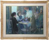 Au salon de thé by Louis Fortuney, Pastel, sold Nov 2025