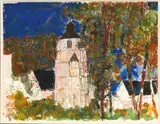 Paysage au clocher by Paul Guiramand, Gouache, aquarelle et encre sur papier, sold Nov 2018