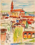 L'église du village by François Desnoyer, Aquarelle sur papier, sold Nov 2018