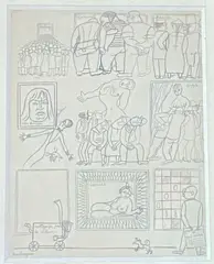 Dessin humoristique représentant des expositions d'oeuvres de Besnard, Foujita, Van Dongen, Pascin, etc by Louis Touchagues, Encre et crayons de couleur sur papier, sold Oct 2022