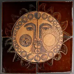 VALLAURIS « Soleil by Roger Capron, Panneau muralen carreaux de céramique ciselée et émaillée brun (petits éclats), sold Apr 2025