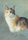 Portrait de chat sur fond bleu by Jane de Hazon de Saintfirmin, Aquarelle signée en bas à droite, sold Mar 2018