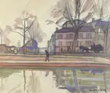 Le canal à Saint-Denis by Georges Joubin, Fusain réhaussé d'aquarelle signé titré en bas à droite, sold Dec 2017