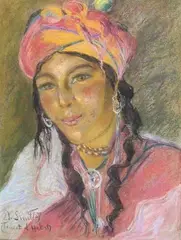 (ENTROURAGE DE) L'algérienne à la coiffe colorée by Etienne Alphonse Dinet, Pastel signé en bas à gauche et «Territ Al Habat», sold Dec 2017