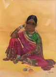 Jeune musicienne de Tanjore by Léa Lafugie, Gouache signée et située Tanjore, Inde, en bas à droite, sold Dec 2017
