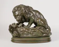Lion terrassant un serpent by Antoine-Louis Barye, Epreuve en bronze à patine brun nuancé vert, sold Nov 2017