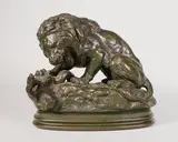 Lion terrassant un serpent by Antoine-Louis Barye, Epreuve en bronze à patine brun nuancé vert, sold Nov 2017