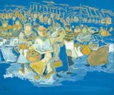 SCÈNE DE MARCHÉ SUR FOND BLEU by Fikret Mualla Saygı, 1957, Gouache signée et datée «, sold Nov 2010