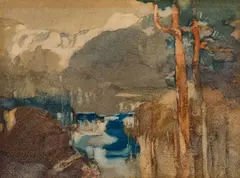 Untitled Mountain and Lake by Charles John Collings, watercolour on paper, sold Nov 2023