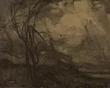Paysage de tempête avec arc-en-ciel by Ozias Leduc, 1914, mixed media on canvas, sold Nov 2023