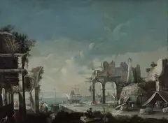 Landscape with Harbour View by Luca Carlevarijs, oil on canvas, sold Oct 2023