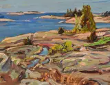 Split Rock Island by A. Y. Jackson, 1955, oil on board, sold Oct 2023