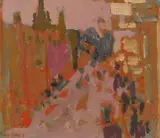 Small Town by Molly Joan Lamb Bobak, oil on board, sold Sep 2023