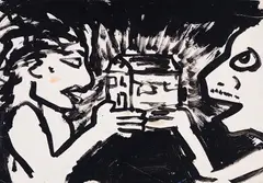 Figures Holding a House by John Scott, acrylic on poster, sold Sep 2023