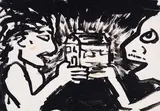 Figures Holding a House by John Scott, acrylic on poster, sold Sep 2023