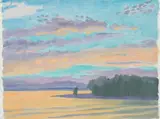 Coucher de soleil, Île Bizard, été 1966 by Phillip Henry Howard Surrey, oil on board, sold Sep 2023