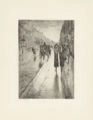 Spaziergänger im Regen vor Pferdedroschke by Lesser Ury, 1919, Radierung auf festem Papier, sold Aug 2026