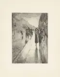 Spaziergänger im Regen vor Pferdedroschke by Lesser Ury, 1919, Radierung auf festem Papier, sold Aug 2026