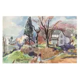 House with White Capped Woman by Sarah Blakeslee, Watercolor on paper, sold Sep 2025