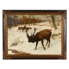 Deer in the Snow by Georges Rötig, Oil on canvas, sold Aug 2025