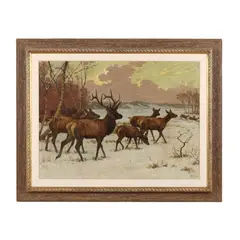Family Herd of Deer in the Snow by Georges Rötig, Oil on canvas laid on board, sold Aug 2025