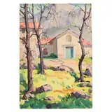 Landscape with Chapel by Charles Hovey Pepper, Watercolor and gouache on paper board, sold Aug 2025