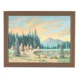 Landscape with Native American Village by Jean Clarke, Oil on artist board, sold Aug 2025
